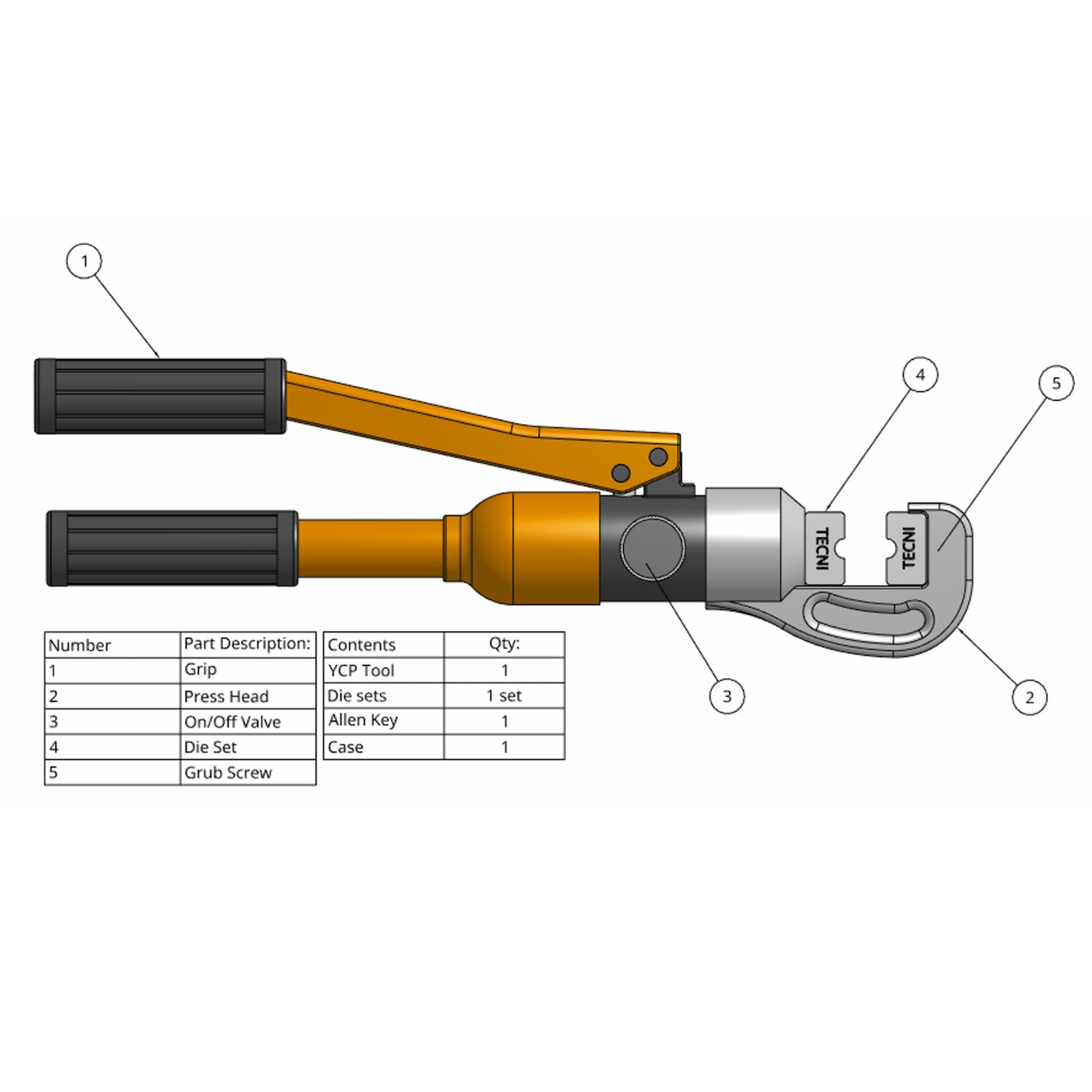 TECNI® YCP-120C Hydraulic Cable Crimper 1mm-5mm range with TECNI® Die Sets - 101.200.120