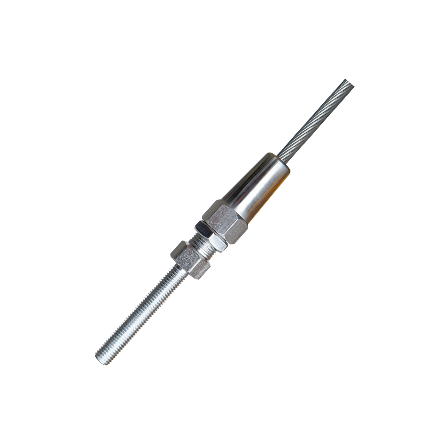 An 3mm A4-AISI 316 Stainless Steel M6 RH Swageless Stud - 105.010.103 with a right-hand threaded design and a hex nut on one end on a white background.