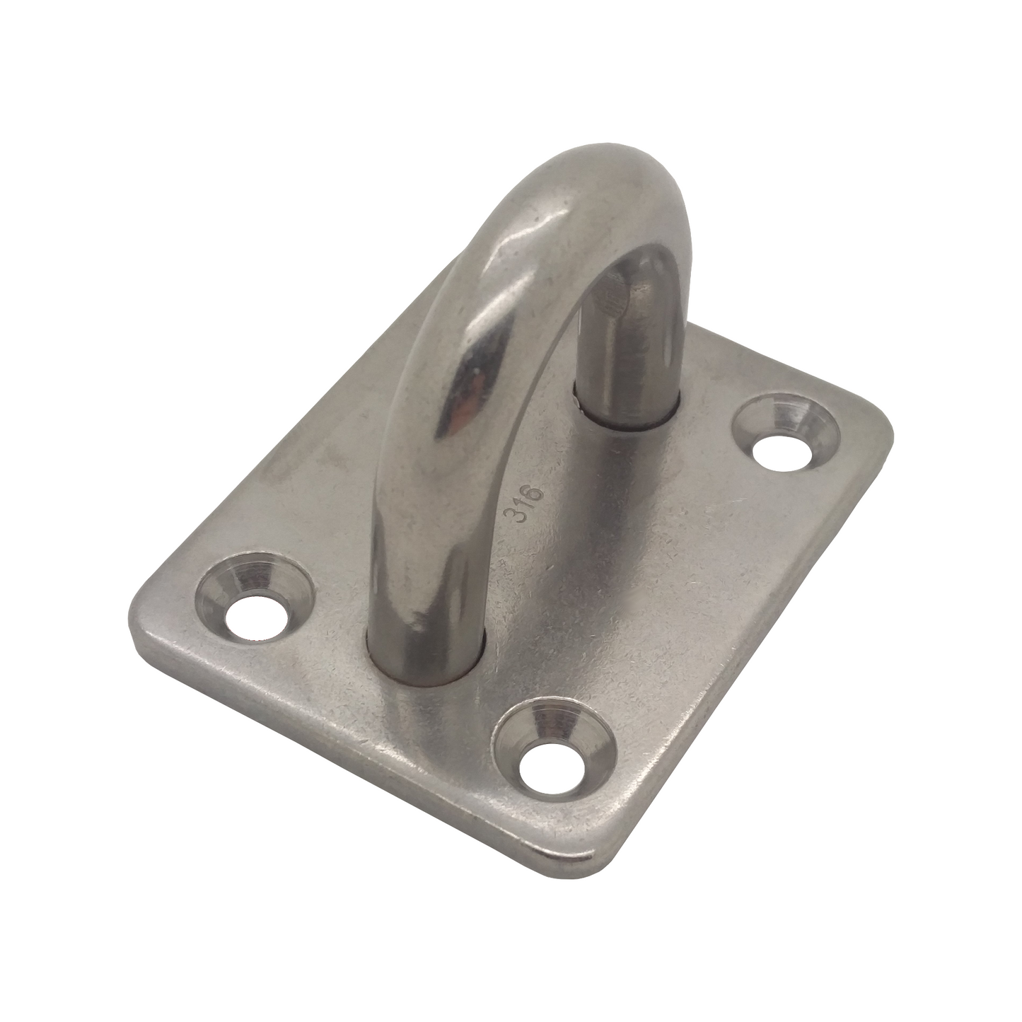 A polished stainless steel rectangular eyeplate with four holes for mounting and a curved loop at the top on a white background.