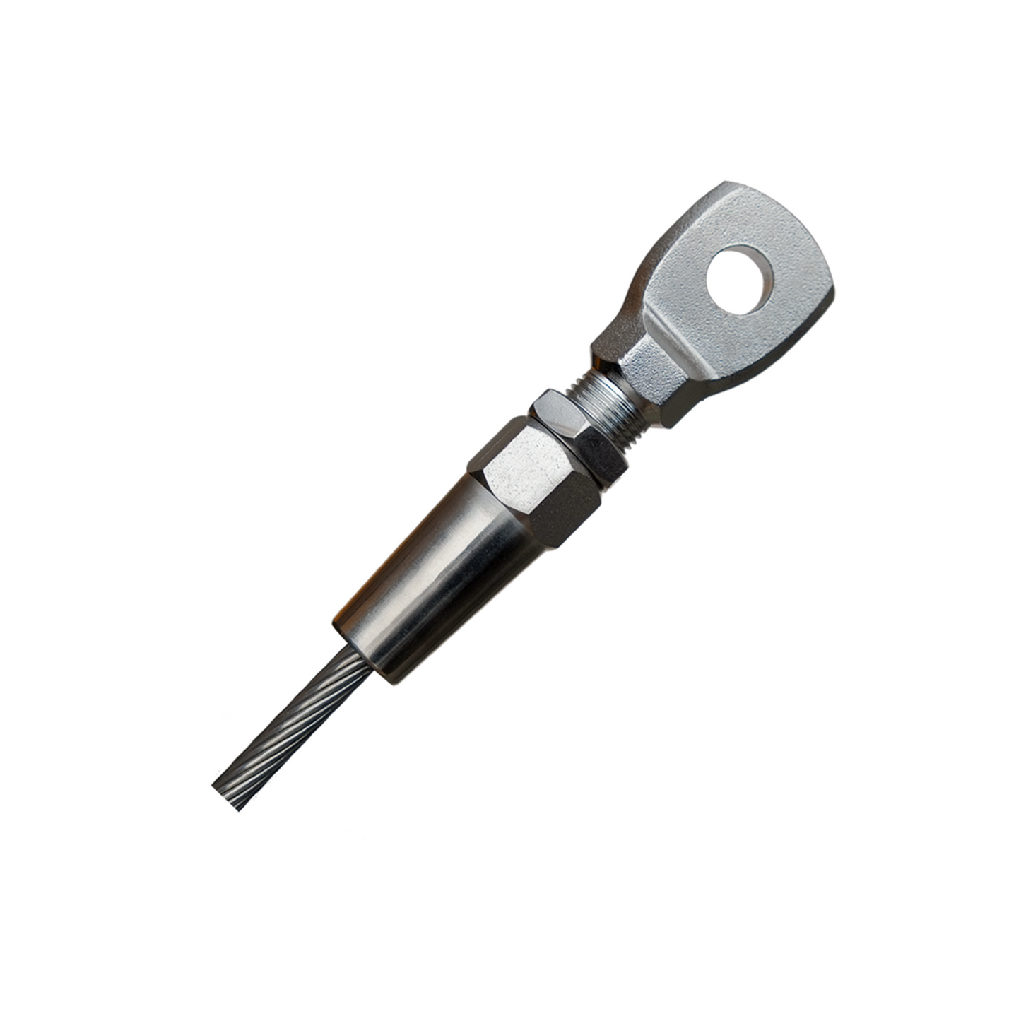 A stainless steel swageless eye terminal on a white background.