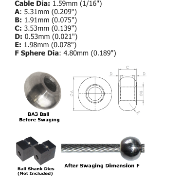1.5mm (1/16") AISI 304 Stainless Steel Ball Terminal BA3-2 - 127.000.015 .