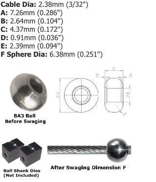 2mm - 2.5mm (5-64" - 3/32") AISI 304 Stainless Steel Ball Terminal BA3-3 - 127.000.020 .
