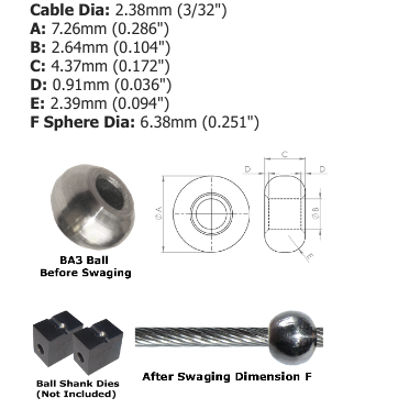 2mm - 2.5mm (5-64" - 3/32") AISI 304 Stainless Steel Ball Terminal BA3-3 - 127.000.020 .