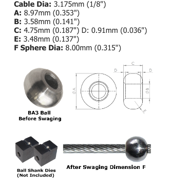 3mm (1/8") AISI 304 Stainless Steel Ball Terminal BA3-4 - 127.000.030 .
