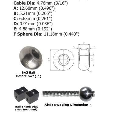 5mm (3/16") AISI 304 Stainless Steel Ball Terminal BA3-6 - 127.000.050.