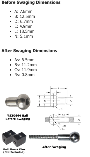 5mm (3/16") AISI 304 Stainless Steel Single Shank Ball Terminal MS20664-C6 - 127.206.646 .