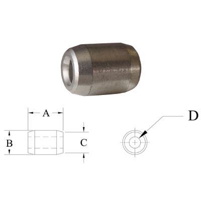 Stainless steel cylindrical stop with dimensions labeled on a white background