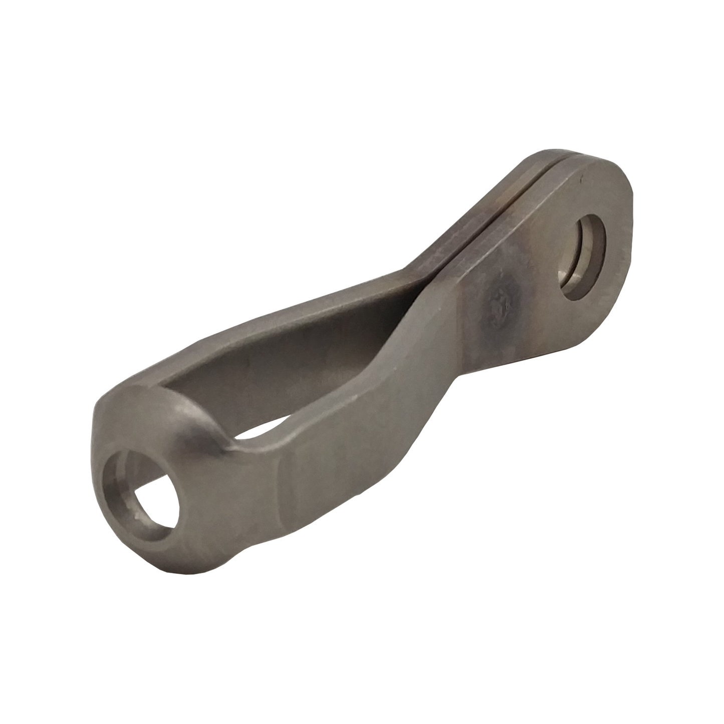 A stainless steel strap eye end fitting, with two holes for aircraft cable attachment.