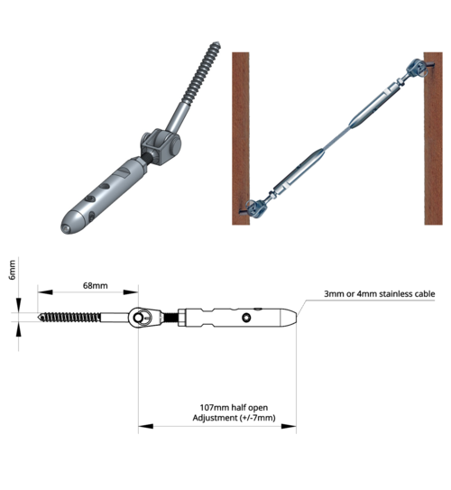 RH TECNI® Standard Balustrading Angled Runs into Wood/Masonry. 3-4mm Cable - 160.140.002 .