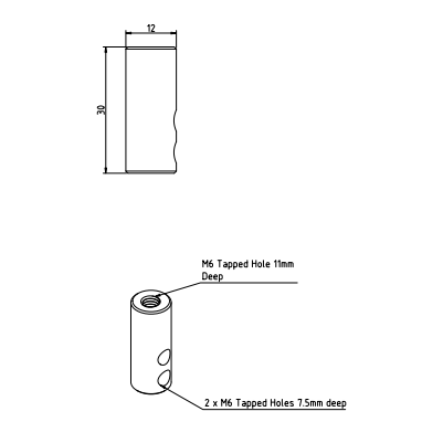 Technical drawing of a M6 A4-AISI 316 Stainless Steel Tension Fitting with dimensions and tapped holes.