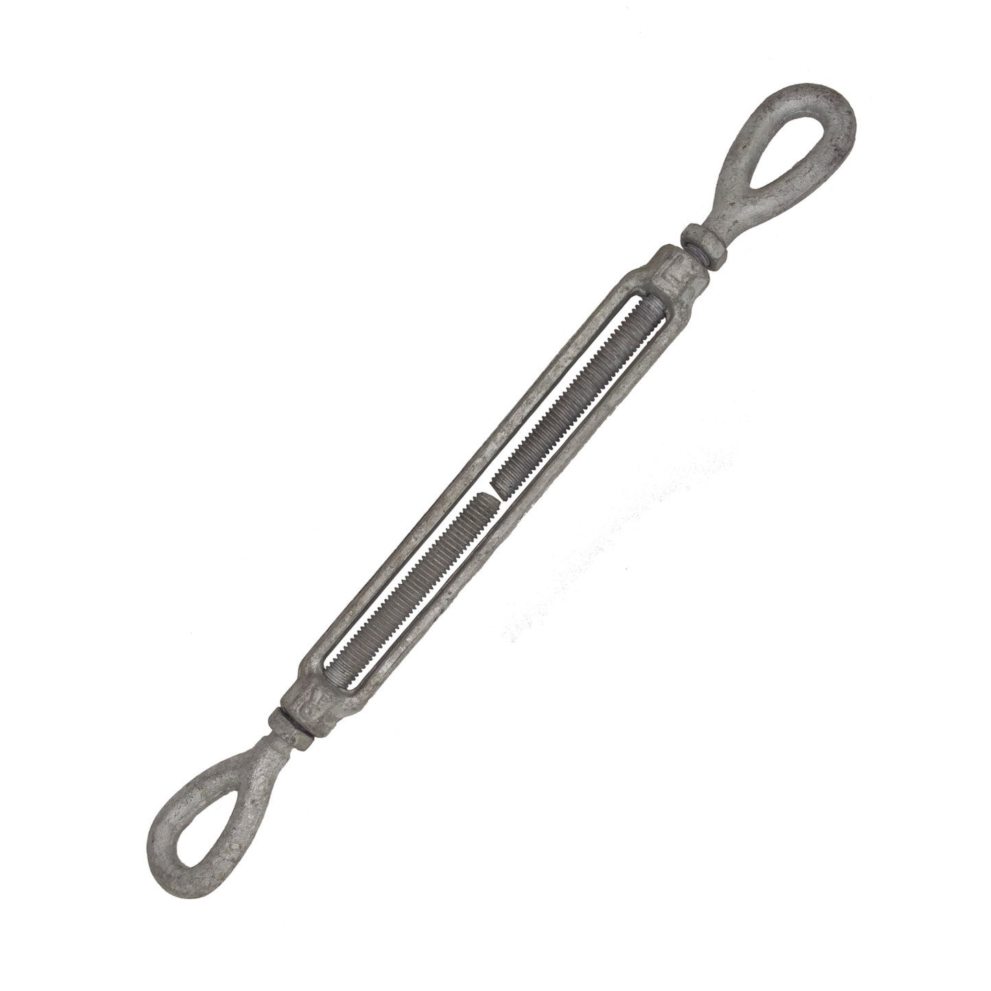 A 9.5mm (3/8") x 152mm (6") Galvanised Forged Eye & Eye Turnbuckle US Federal Specification WLL 540 kgs - 163.103.806 on a white background.