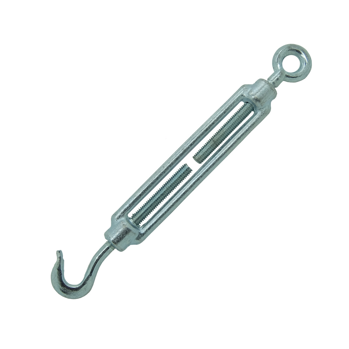A galvanised hook and eye turnbuckle, with a hook on one end and an eye on the other, fully closed and displayed against a white background.