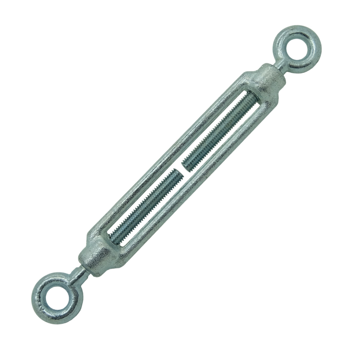 A galvanised metal eye and eye turnbuckle used for tensioning cables, with two looped ends and a screw mechanism in the middle on a white background