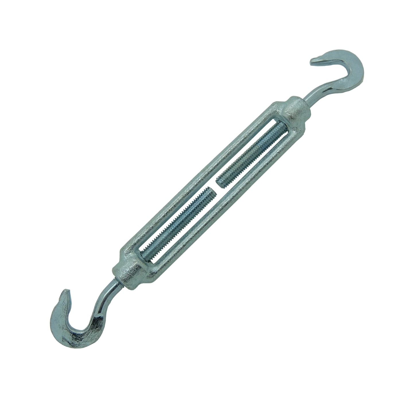 A galvanised metal hook and hook turnbuckle, typically used for tensioning cables on a white background.