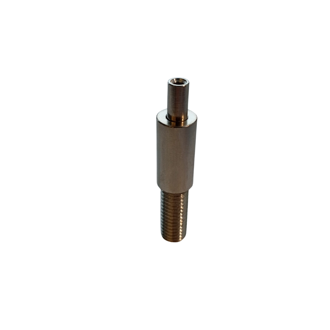 Metal cylindrical cable gripper component with threaded end on a white background. TECNI 170.020.001