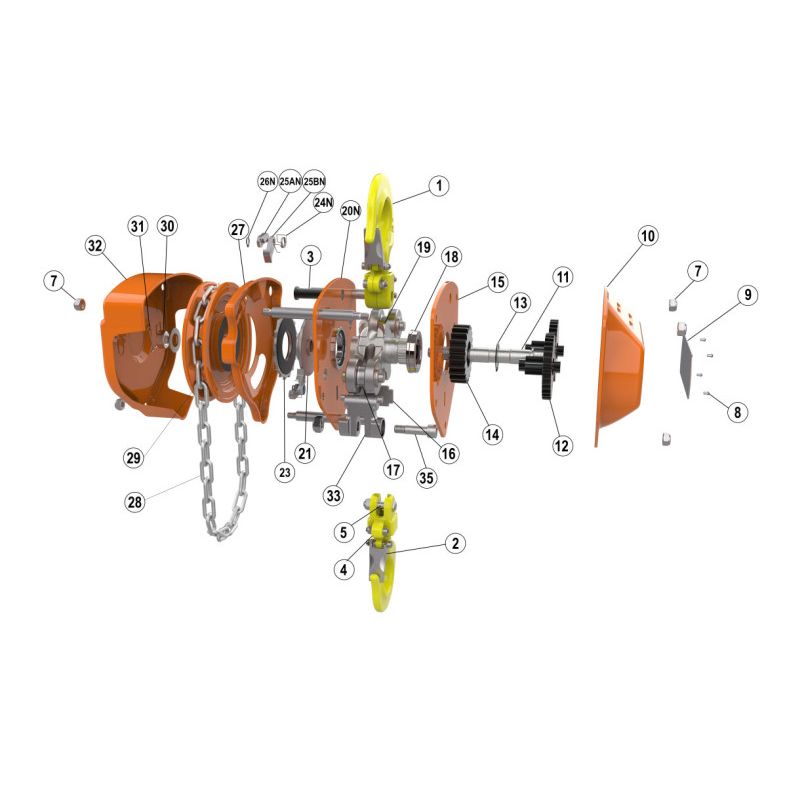 Technical diagram of a WH-SS C4 QP Chain Hoist with labeled parts on a white background