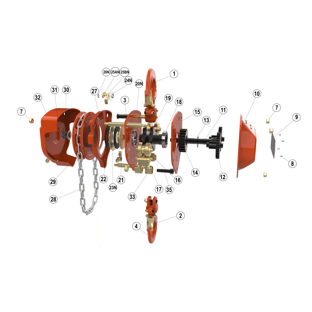 Technical diagram of a WH-C4 QP Chain hoist component with labeled parts on a white background