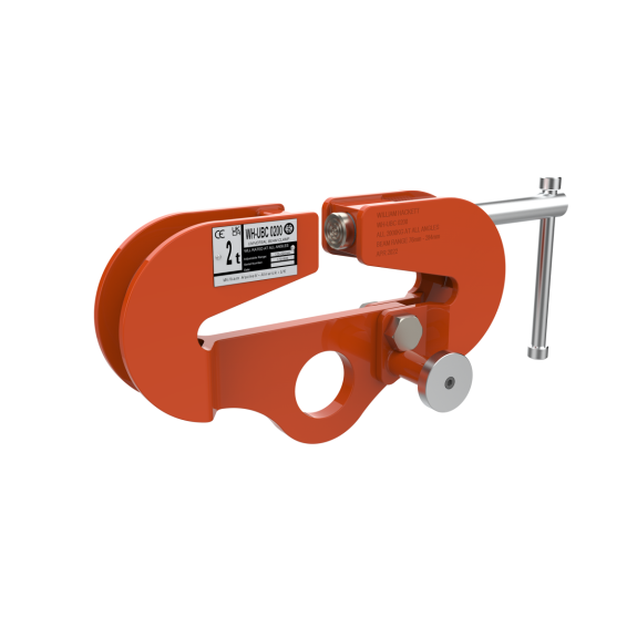William Hackett orange Universal Beam Clamp on a white background.