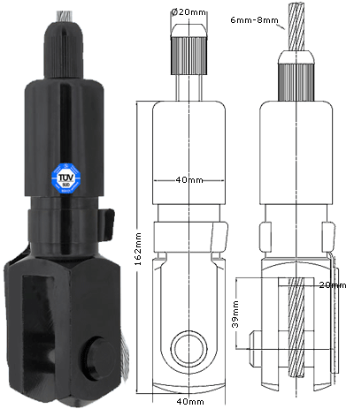 Type 80 Gripper, Jaw Gripper suitable for use with 8mm cable. Maximum WLL of 480kg with a safety factor of 5 when used with a 7x19 1770 or 1960N/mm2. - 393.009.005. .