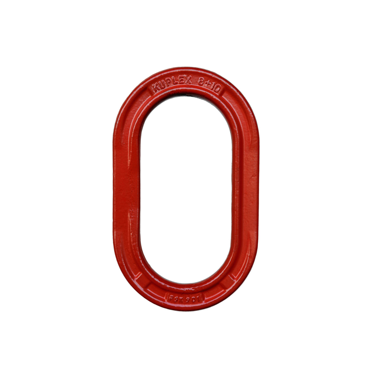A red Kuplex chain fitting master link used for lifting purposes.