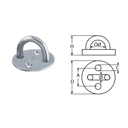 Metal eyeplate with dimensions labeled on a white background