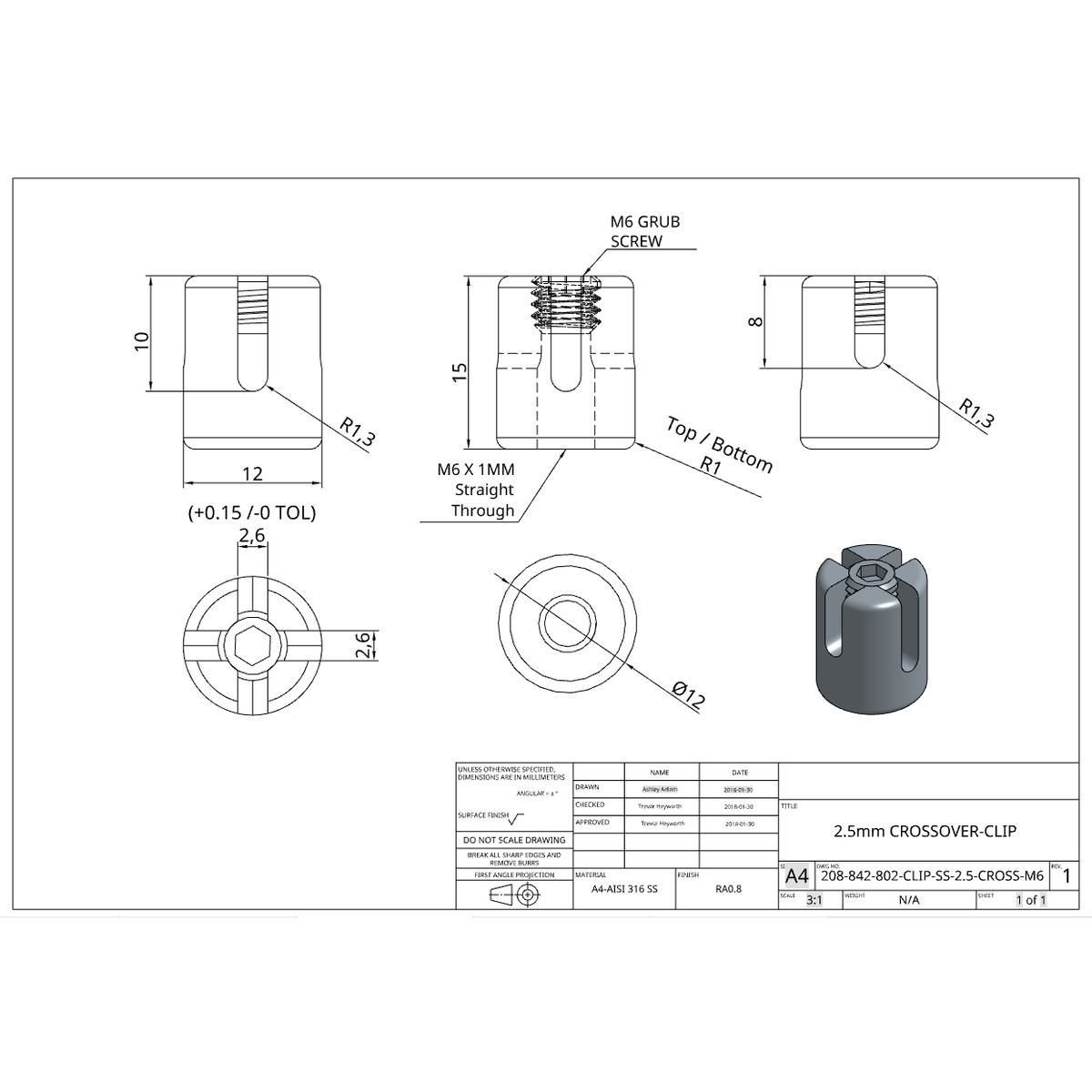 Technical drawing of a 2.5mm crossover clip with dimensions and specifications.