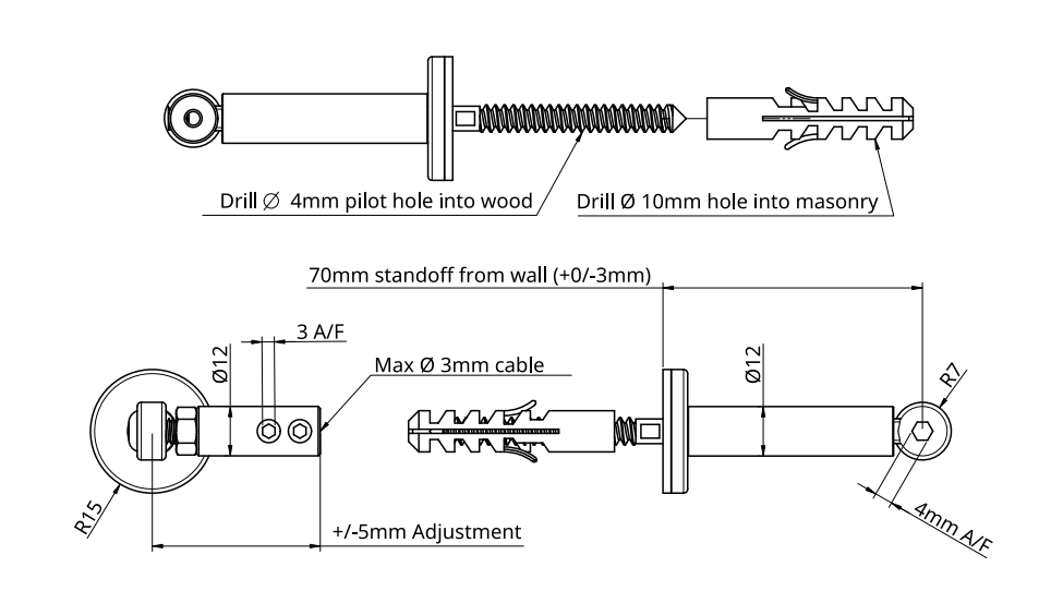 TECNI Mini-Pro Eye SE Cable Trellis Pillar with Tension Fitting. Wire 70mm from wall. - 208.045.070 .