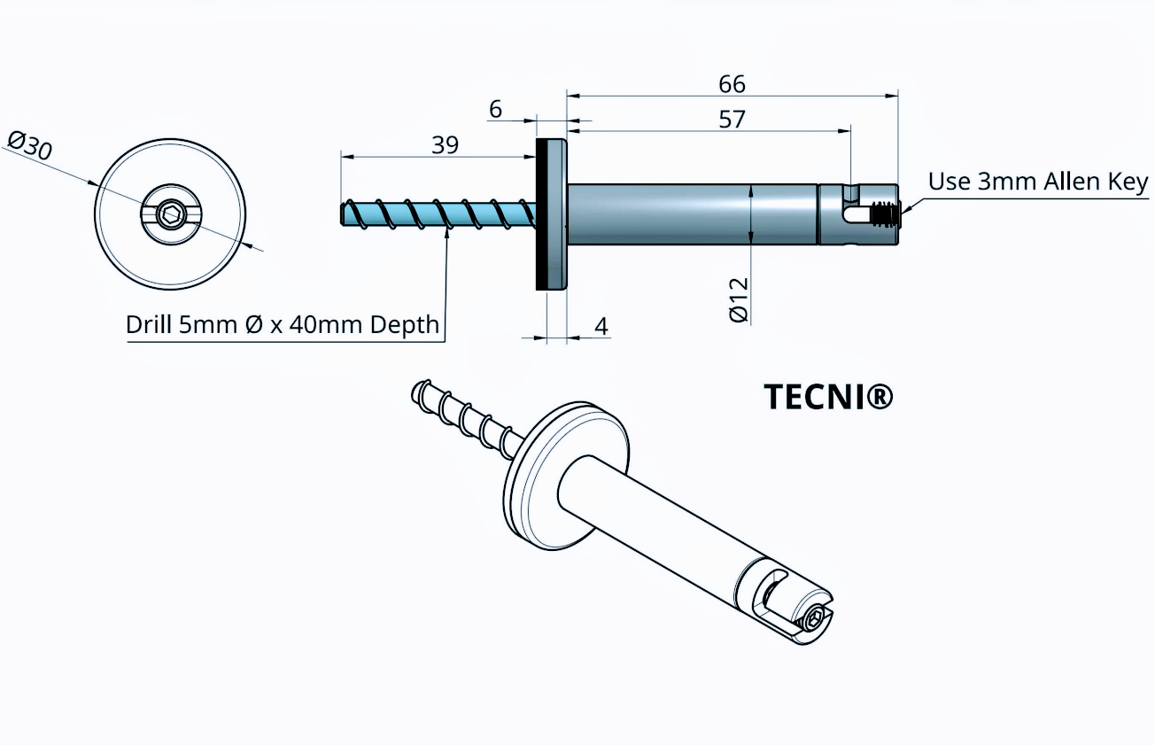TECNI Stainless Steel MINI PRO Trellis Pillar with Multi Angle Cross Clip. 70mm from the wall. Supplied with Rapid Install Ruspert Coated Anchor Bolt - 208.065.070 .
