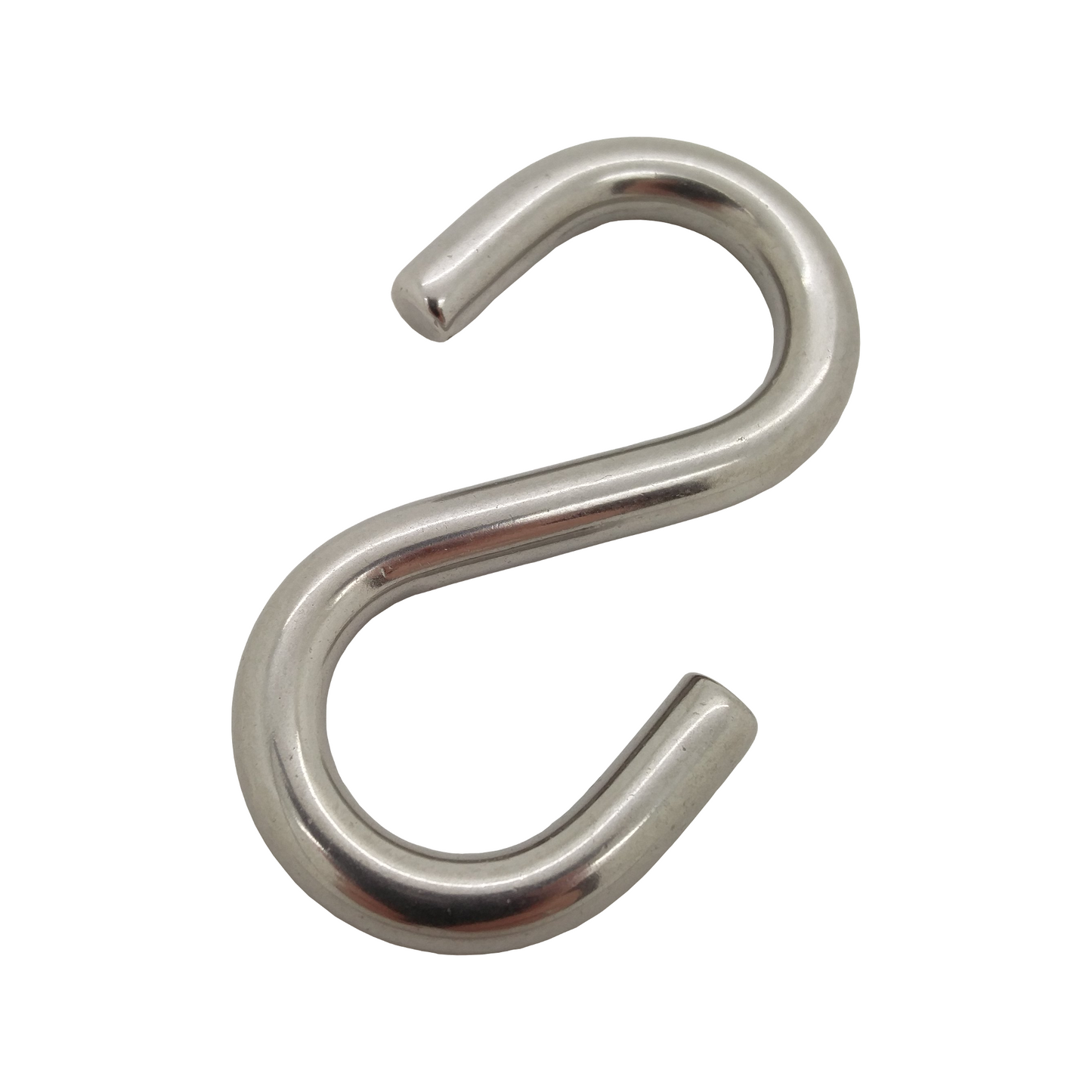 A single silver stainless steel S-hook with on a white background.