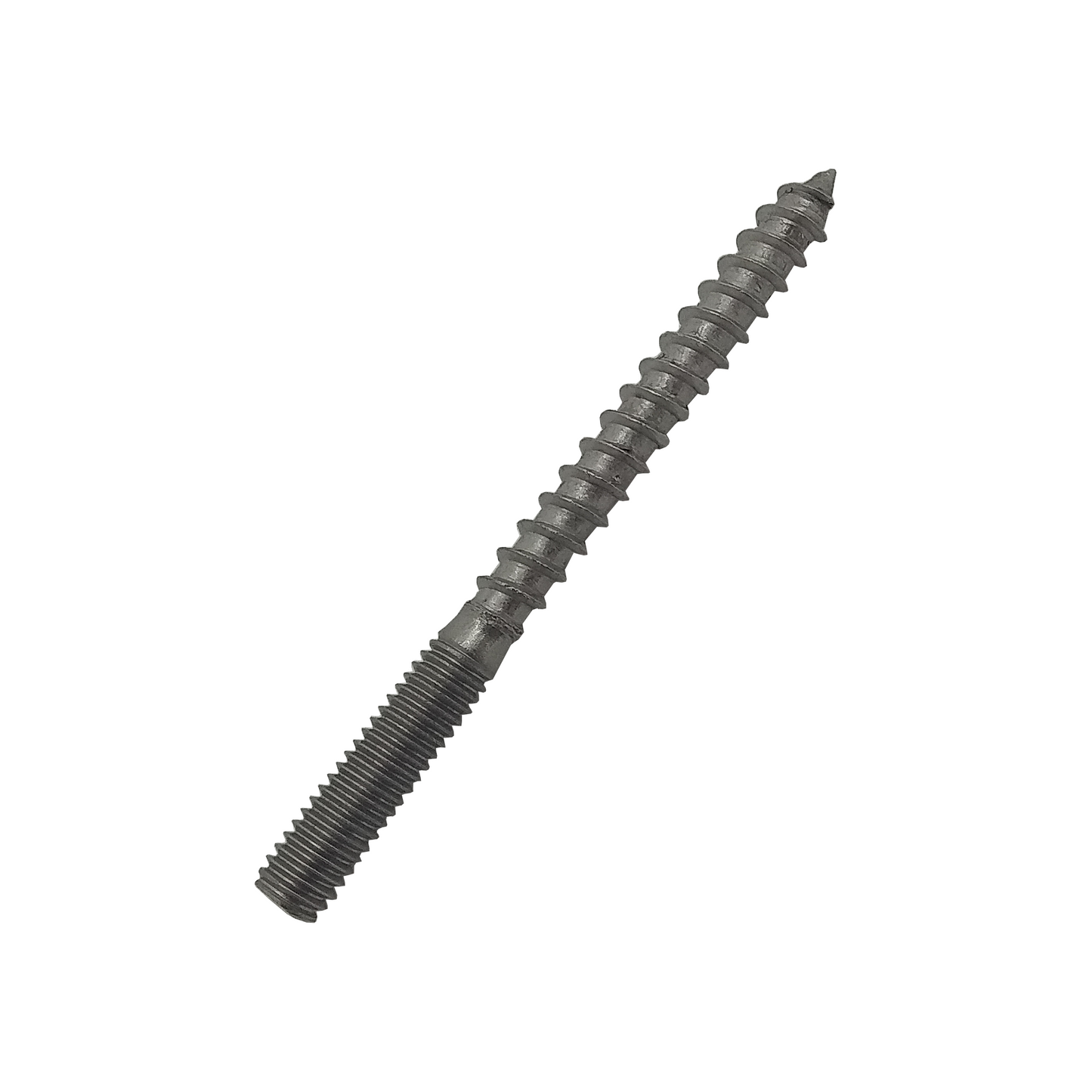 An isolated image of a stainless steel dual double thread wood screw with a visible thread pattern.208.072.206 on a white background.