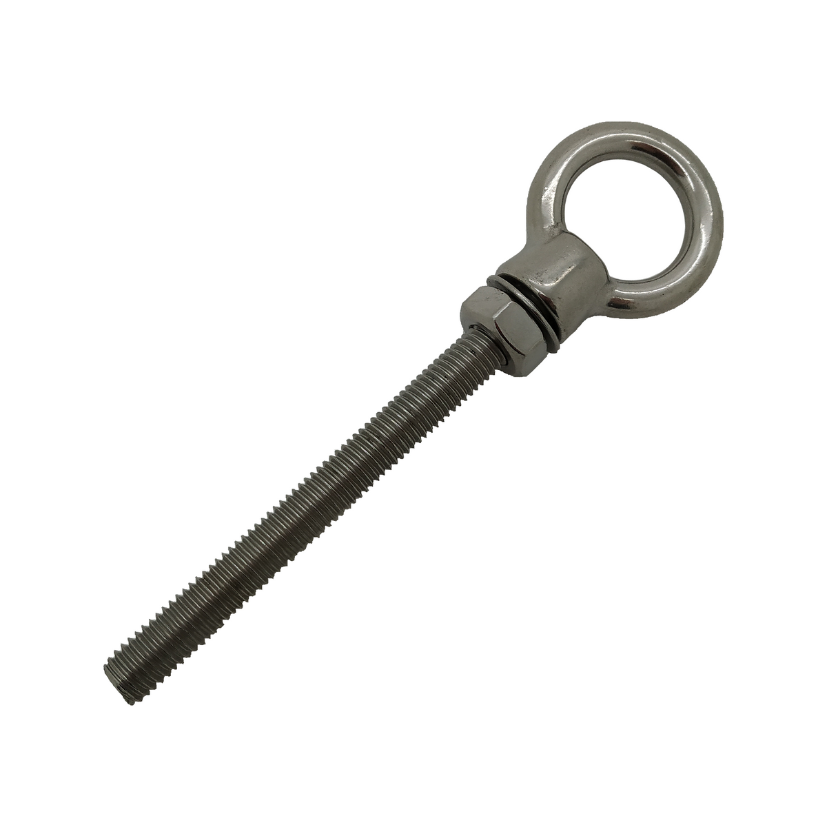 Marine grade stainless steel collared eyebolt with a nut and washer, threaded body visible, isolated on a white background.