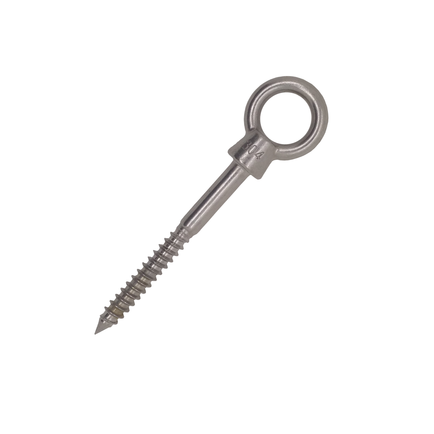 A stainless steel collared eyebolt with a wood thread on a white background.