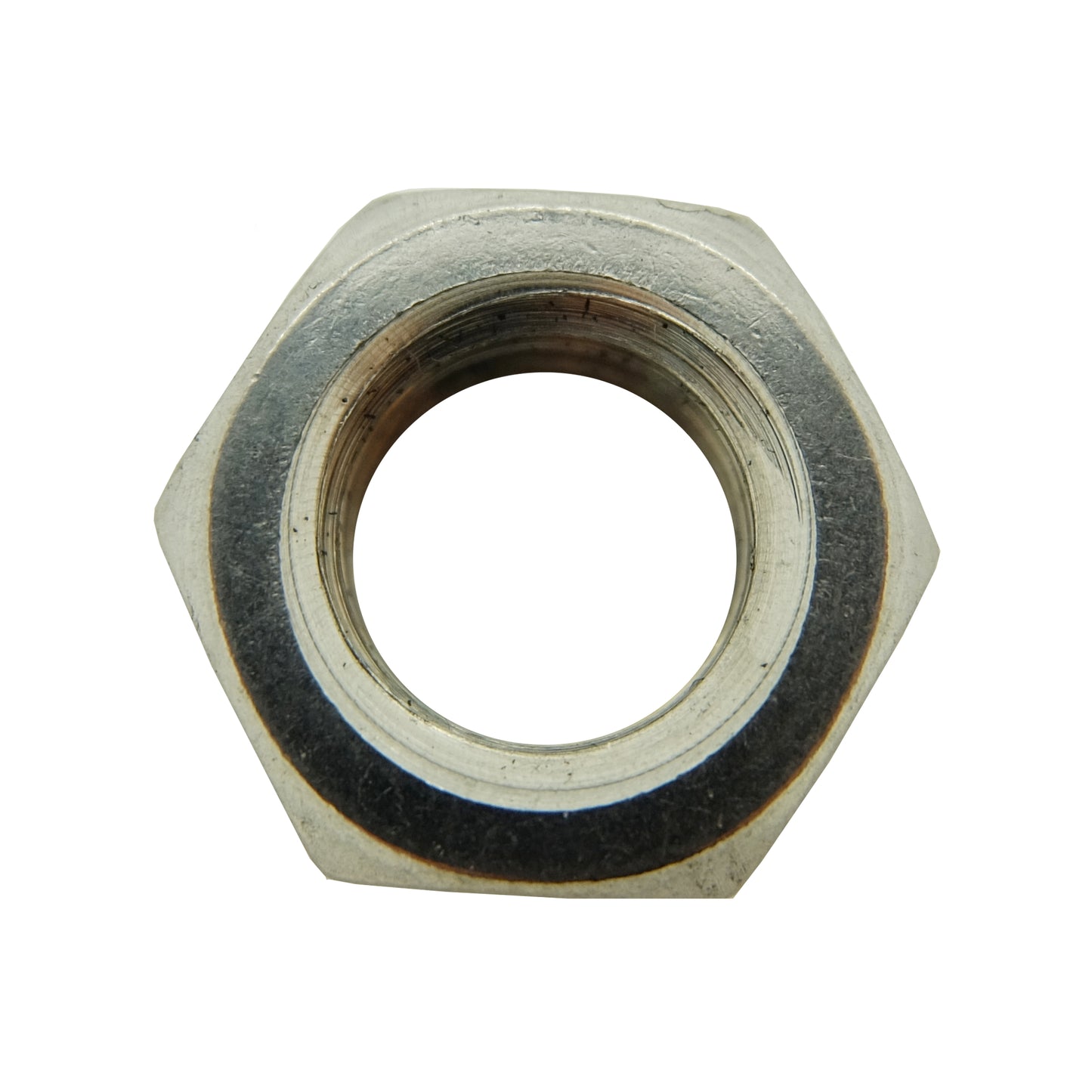 A polished stainless steel low-profile hexagon nut