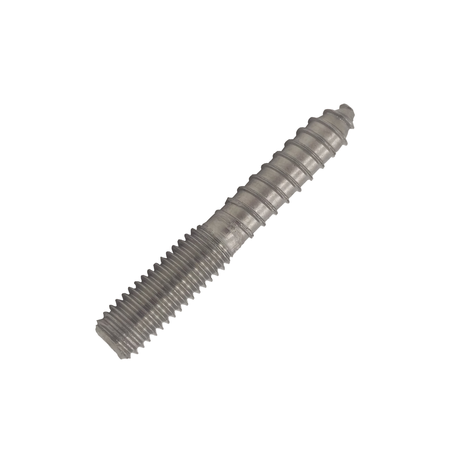 A stainless steel dual threaded screw on a white background.