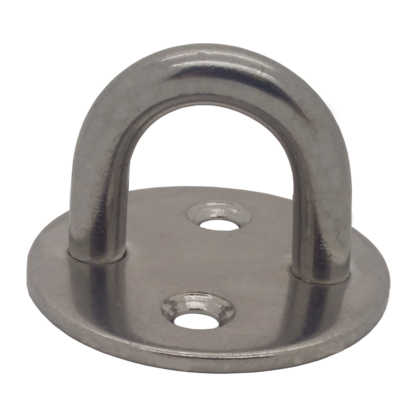 A polished stainless steel round eyeplate with two mounting holes visible on a white background