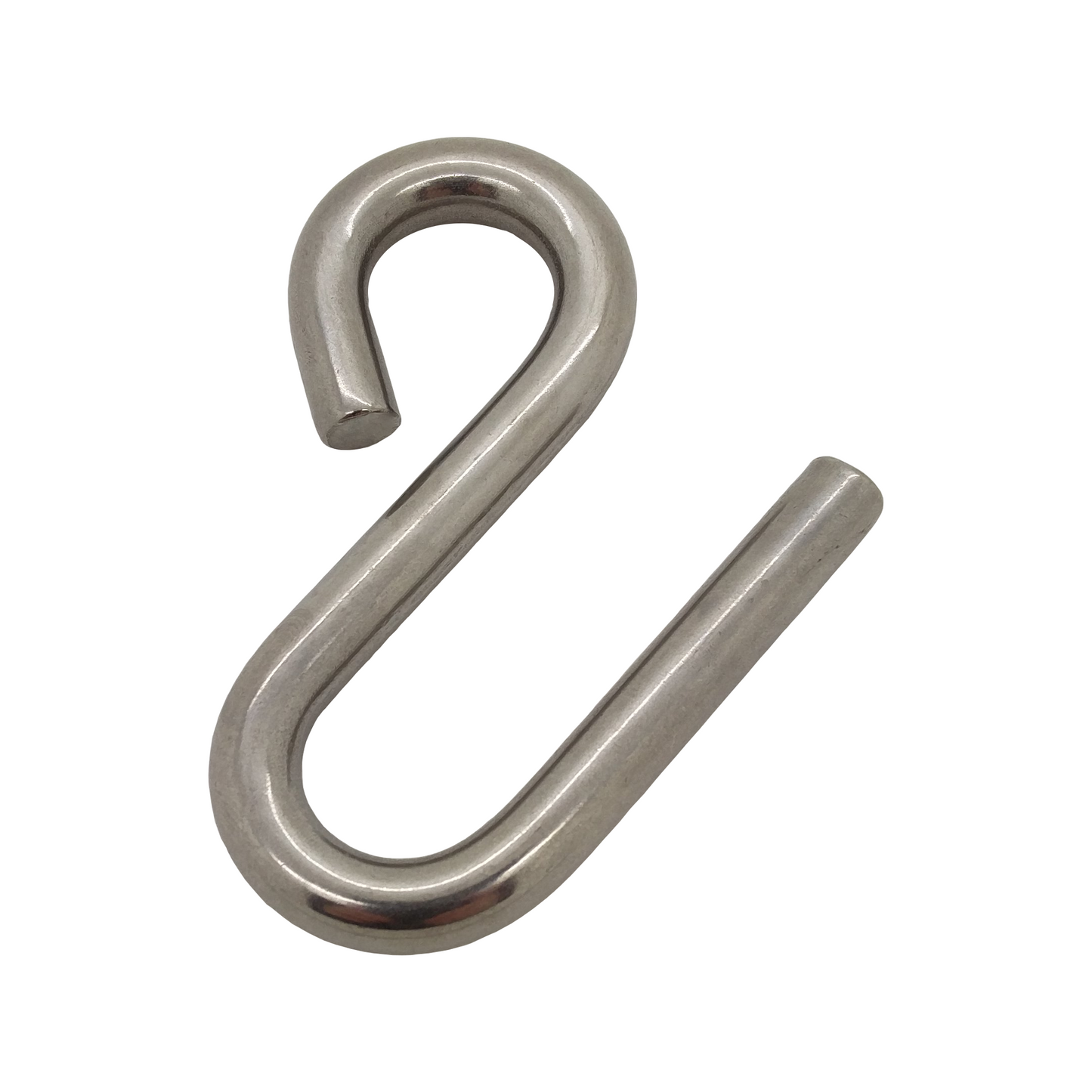 A polished AISI 316 stainless steel long S-hook on a white background.