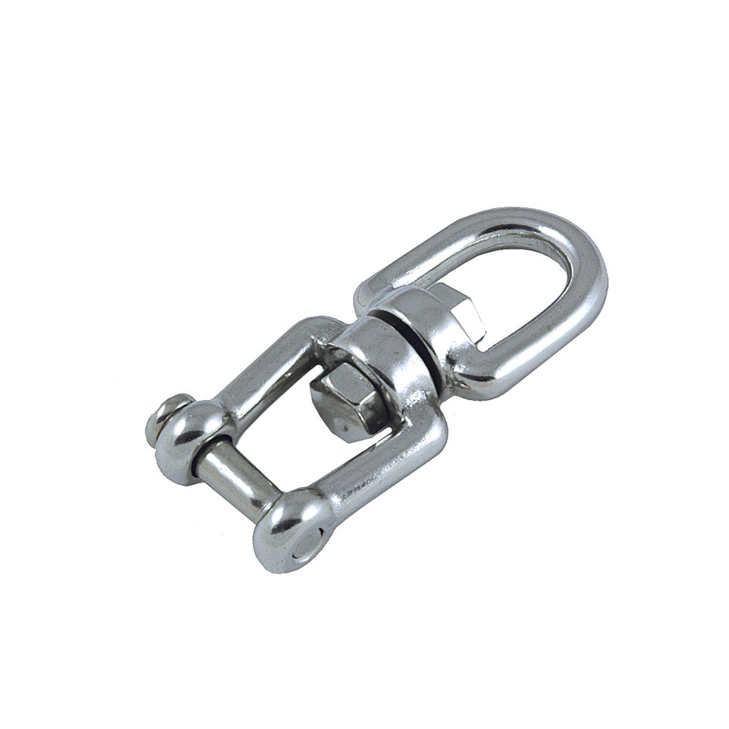 A stainless steel swivel eye and jaw type attachment with an Allen-headed pin design.