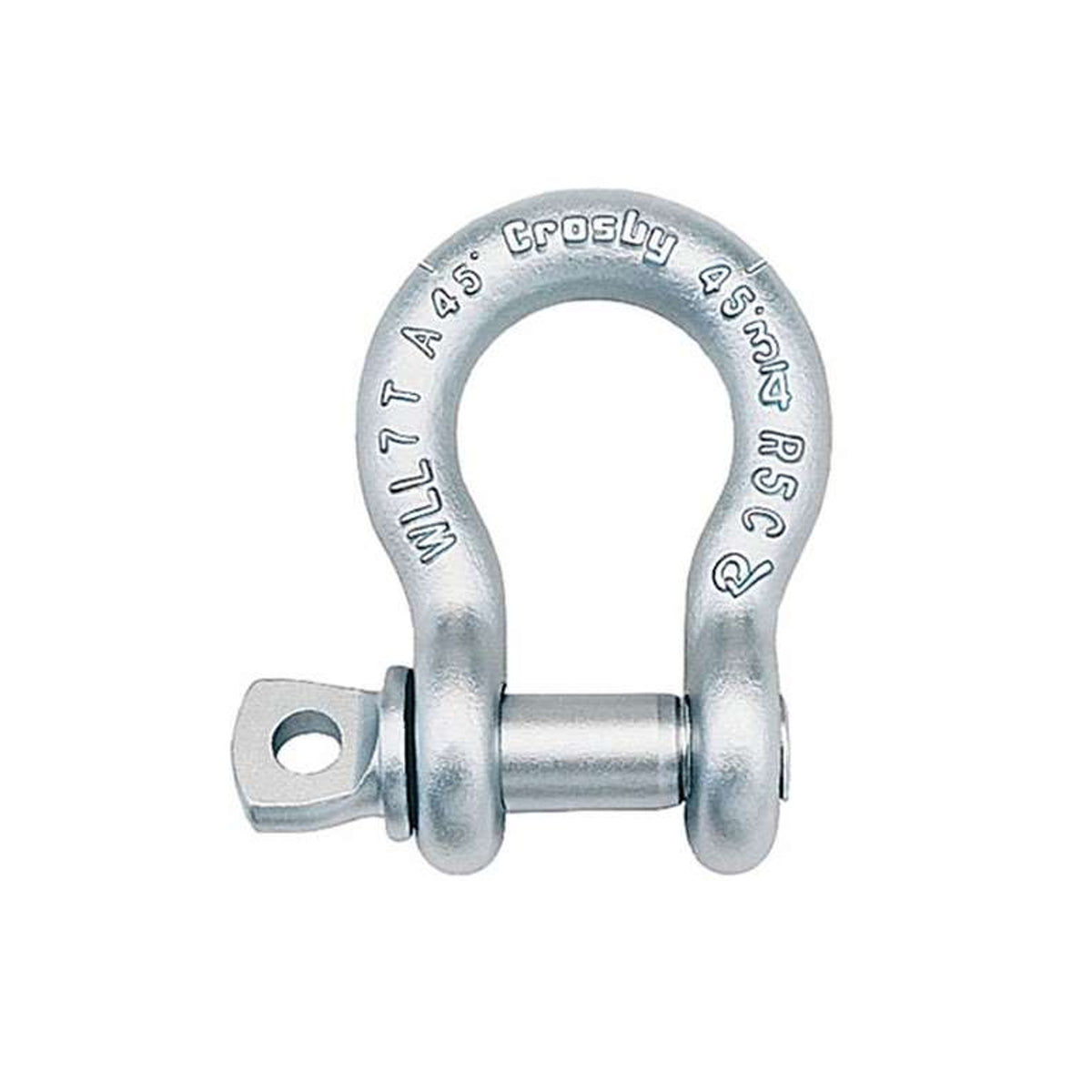A Crosby full alloy steel anchor bow shackle with a screw pin, featuring galvanised corrosion resistant plating on a white background.