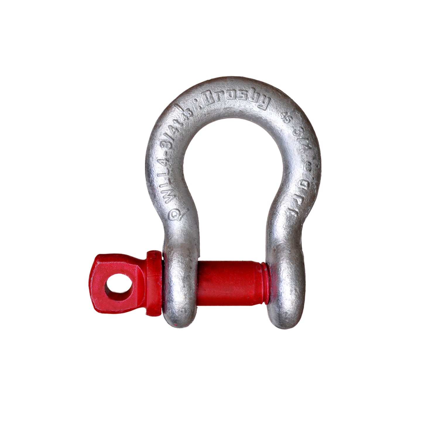 A Crosby G-209 galvanised screw pin bow shackle with a red varnished alloy steel screw pin, silver in color, used for lifting applications on a white background.
