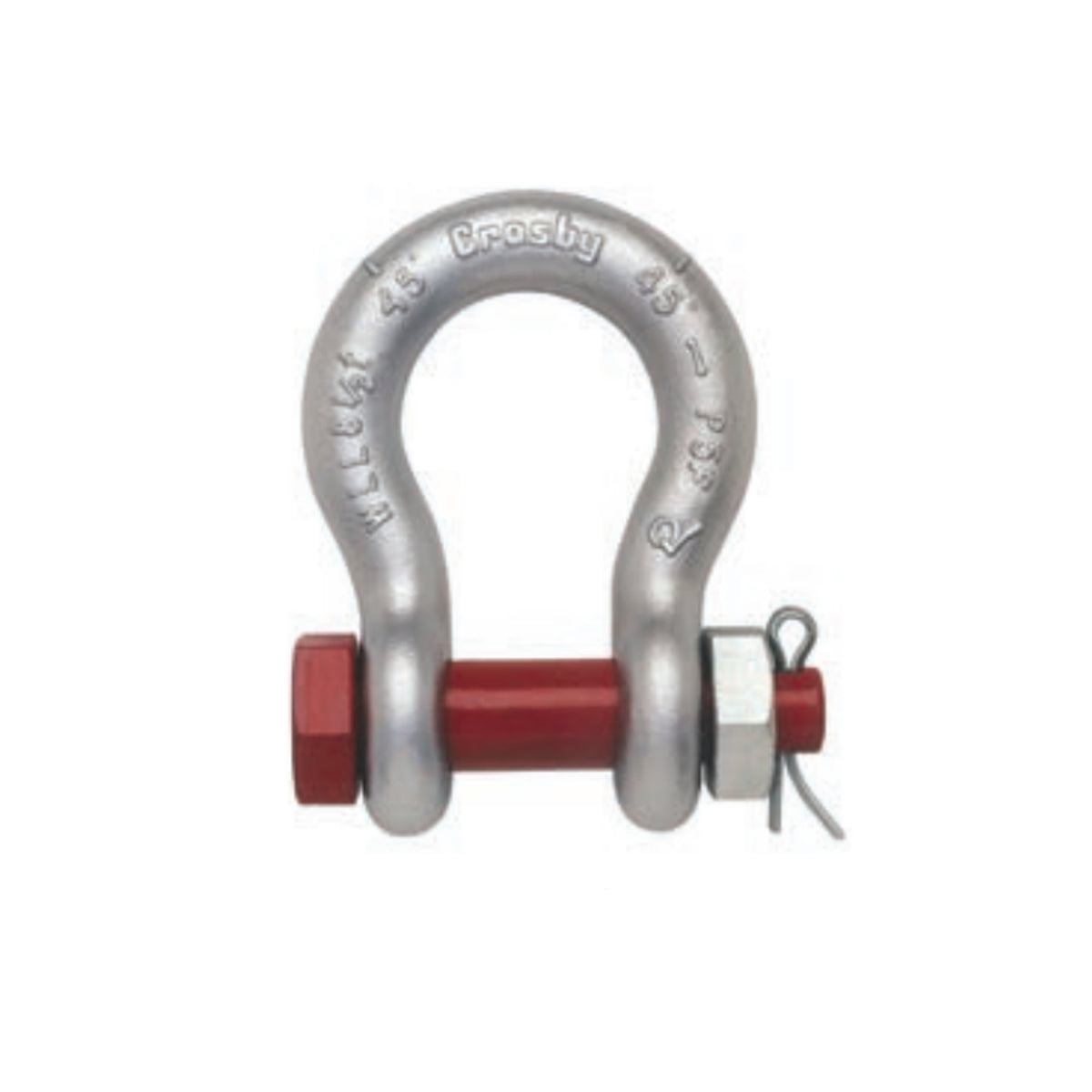 A Crosby G-2130 galvanised bolt type pin bow shackle, with red varnished alloy steel pin and gray corrosion-resistant body.