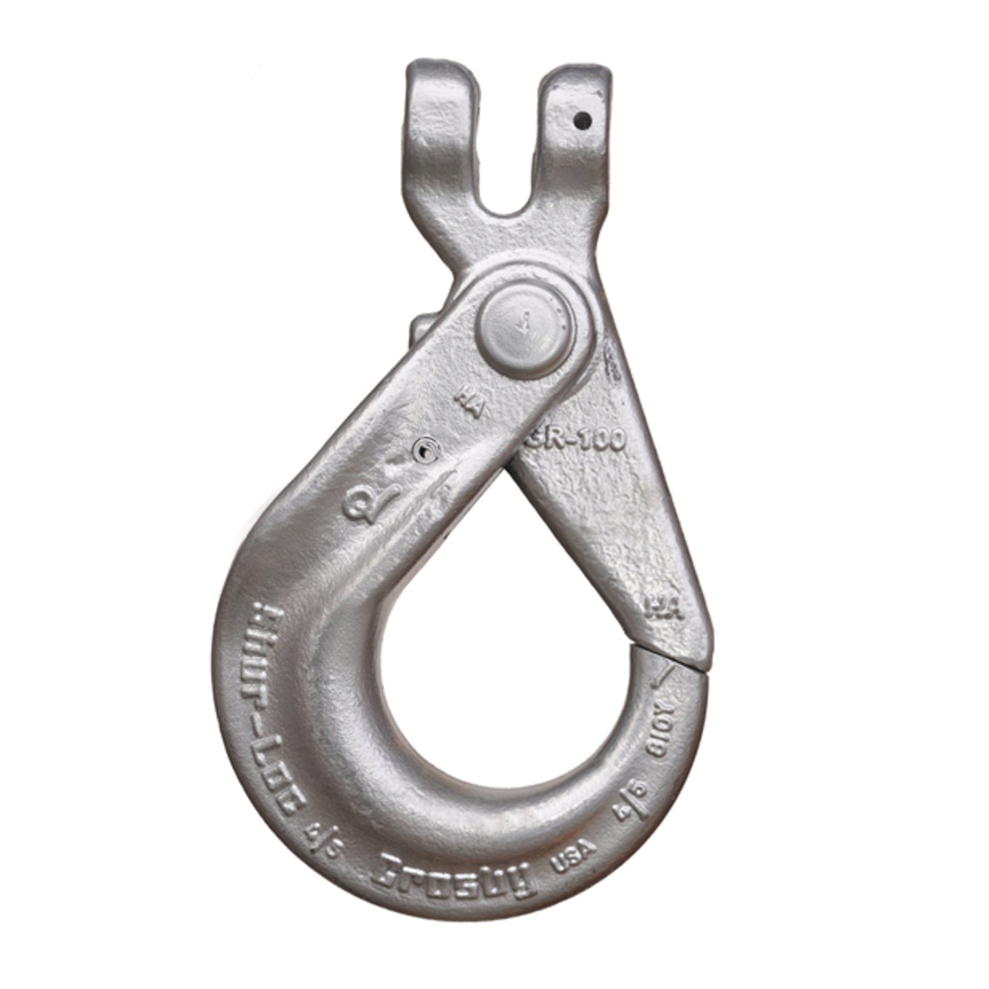 A Crosby S-1317 Shur-Loc Clevis Safety Hook made of silver varnished alloy steel with a robust Crosby clevis fitting on a white background.