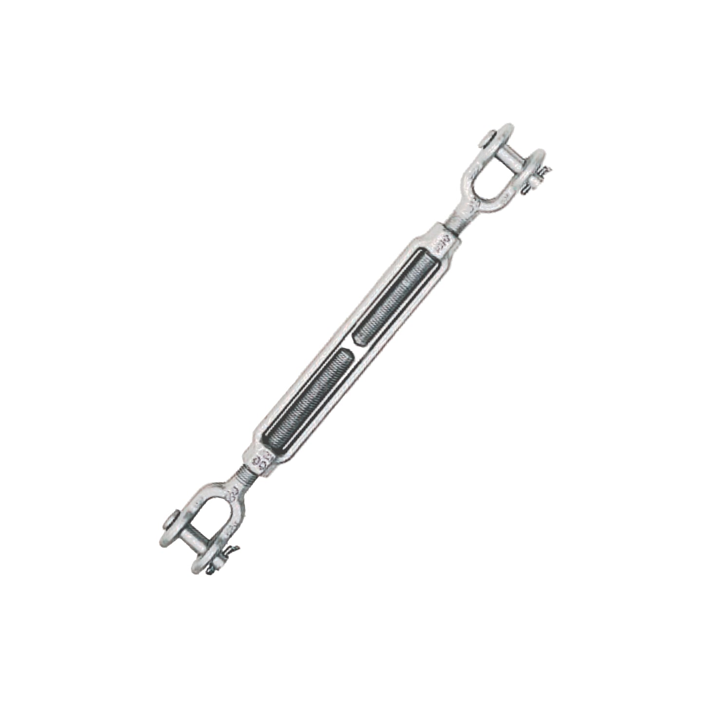 A Crosby HG-228 galvanised turnbuckle with jaw and jaw end fittings, showing a silver metallic finish.
