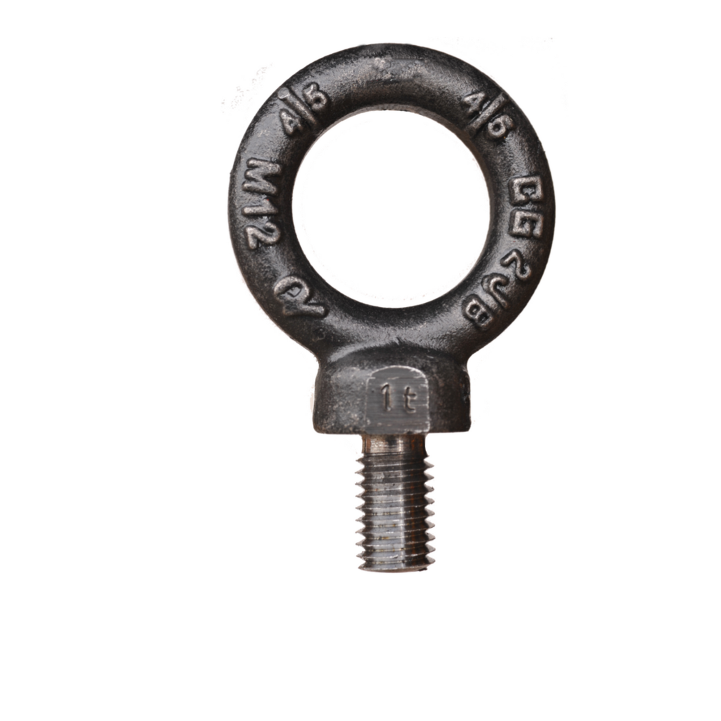 A black Crosby M-279 metric forged shoulder type machinery eye bolt with visible thread and marking on a white background.