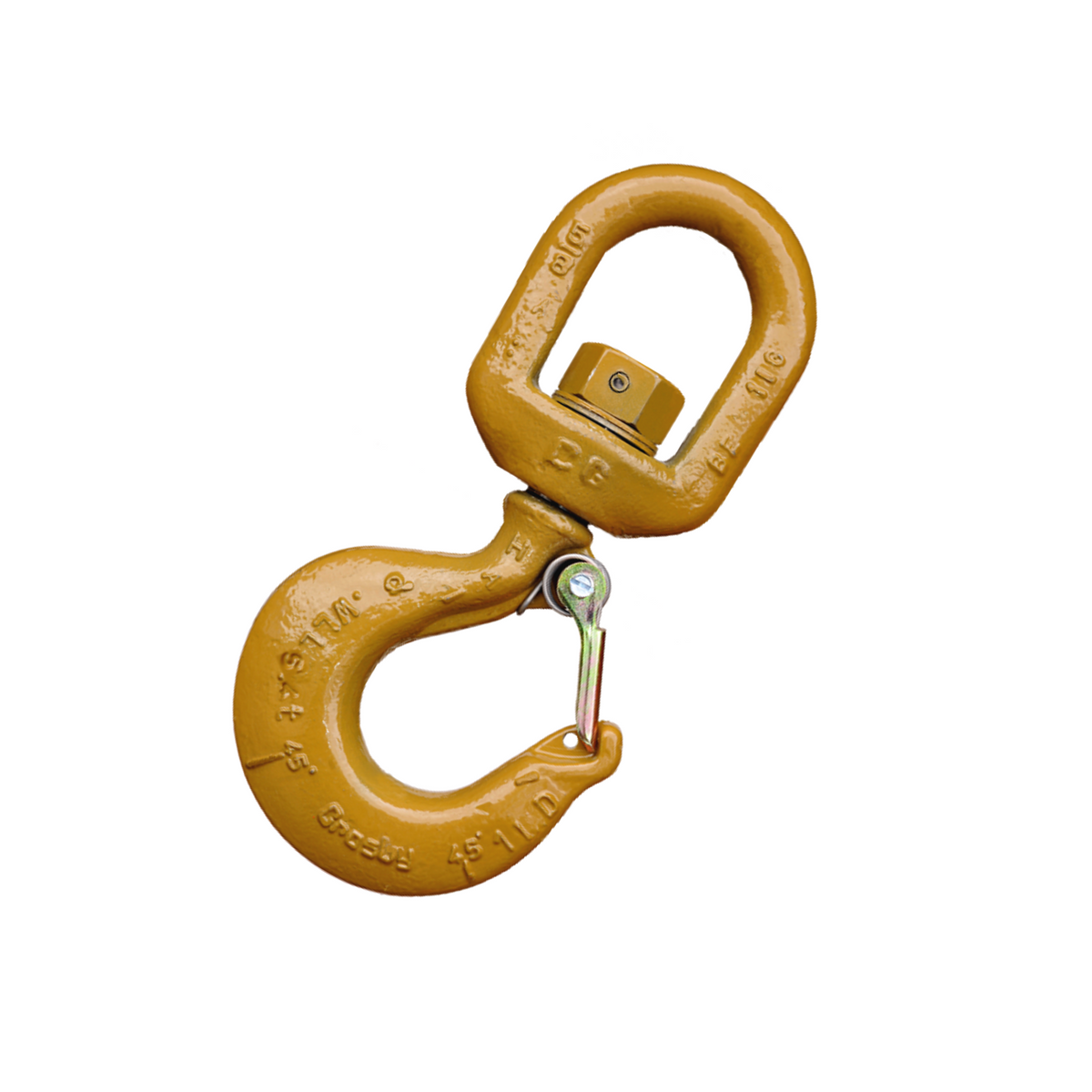 A gold-colored Crosby L-322AN alloy steel swivel hook with a Quick Check feature.