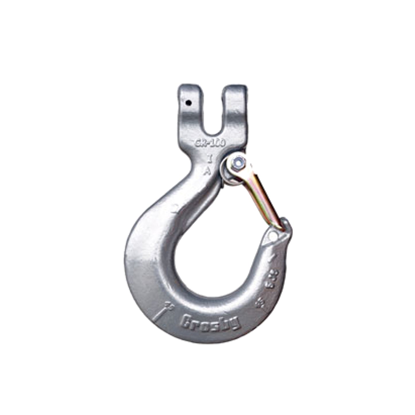 A silver varnished Crosby Clevis Sling Hook made of forged alloy steel, used for lifting purposes on a white background.