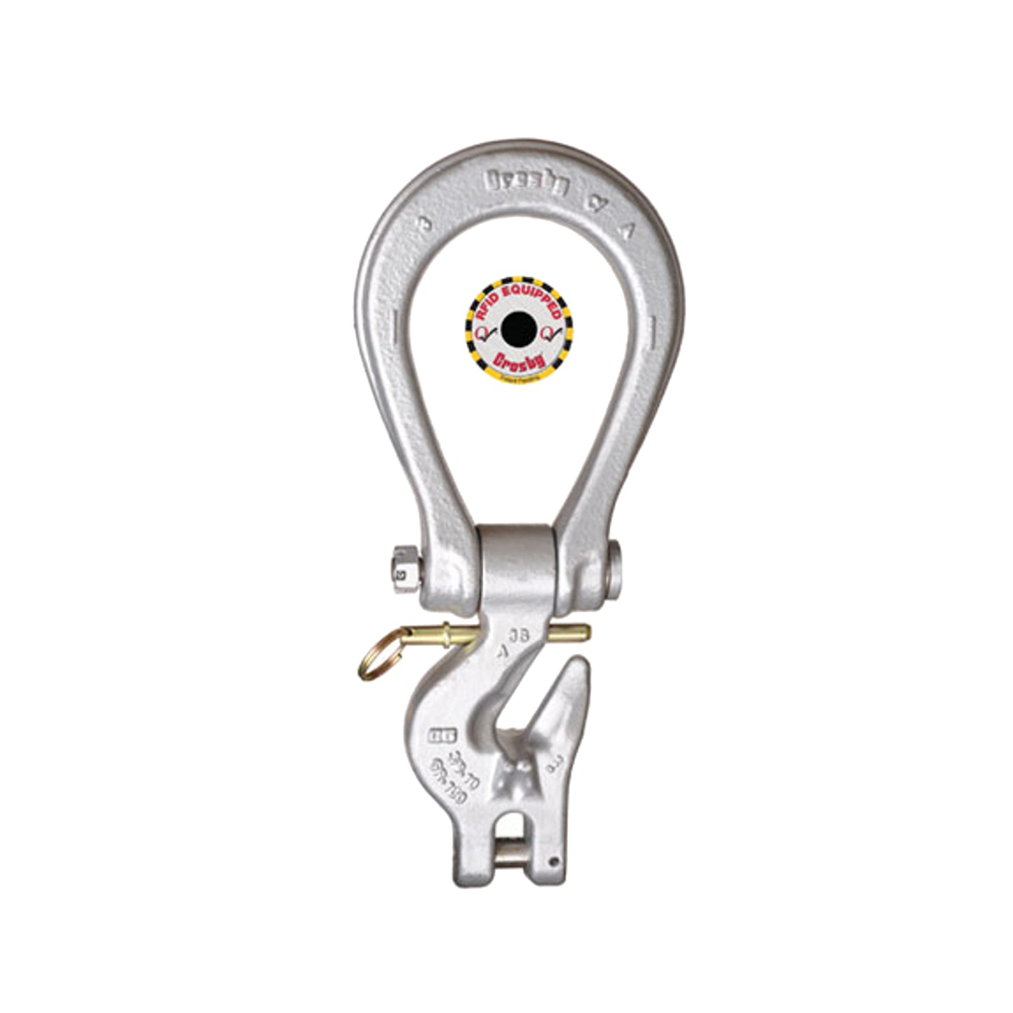 Crosby Eliminator System, consisting of a master link and a grab hook, made of silver varnished alloy steel, intended for lifting purposes.