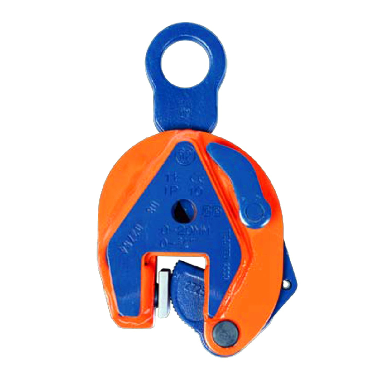 A Crosby IP10 Vertical Plate Clamp with blue and orange color scheme, designed for lifting and handling plates on a white background.