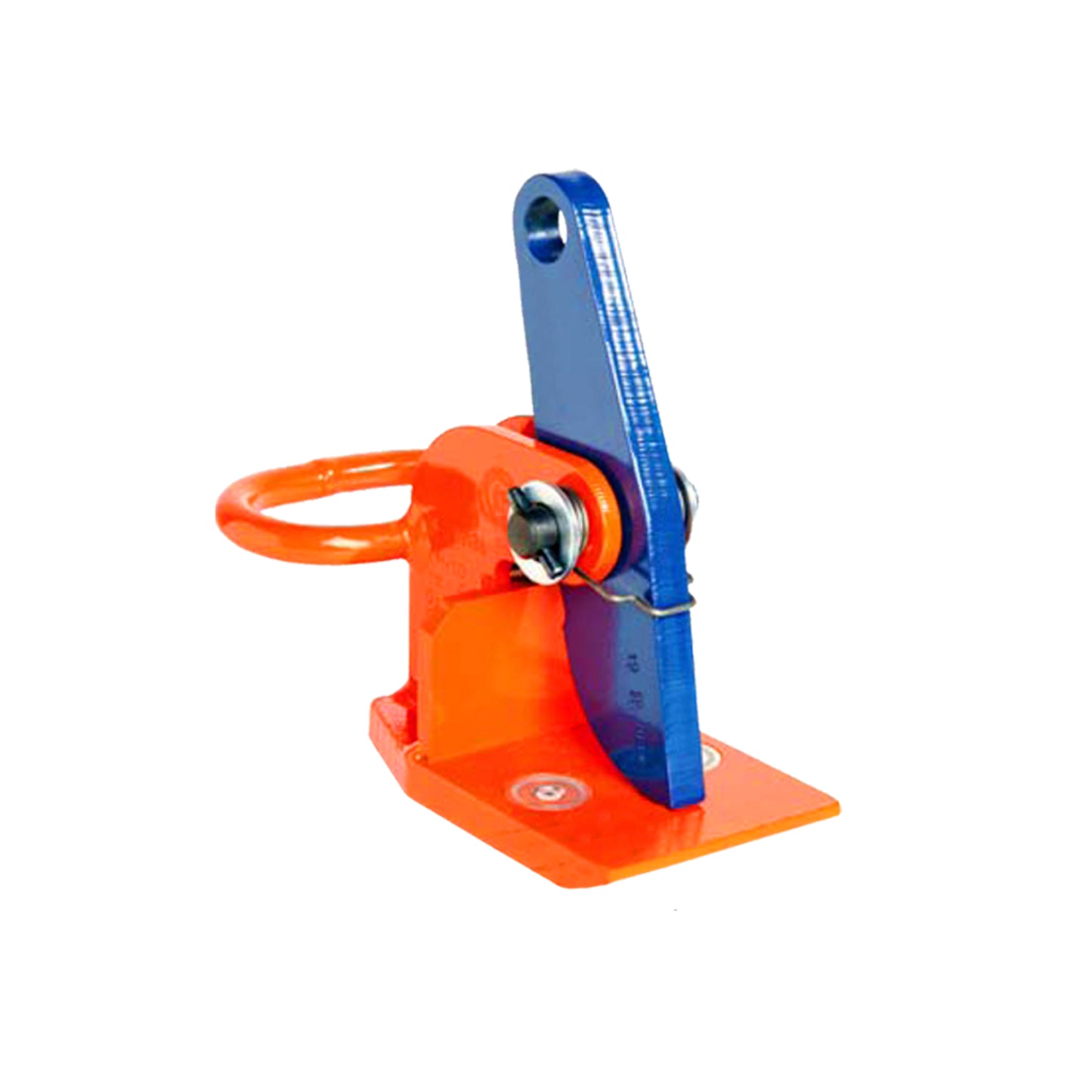 A Crosby horizontal lifting plate clamp with blue and orange color scheme, featuring a larger jaw opening.