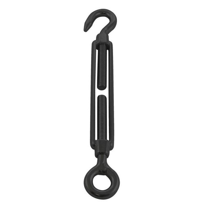 TECNI Black stainless steel turnbuckle Hook and eye on a white background. Used for tensioning cable systems. - 228.246.406