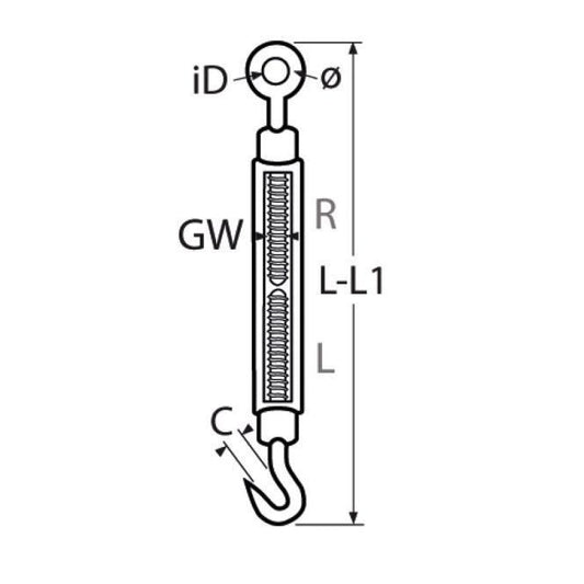 Technical diagram of a turnbuckle with labeled measurements on a white background - 228.246.406